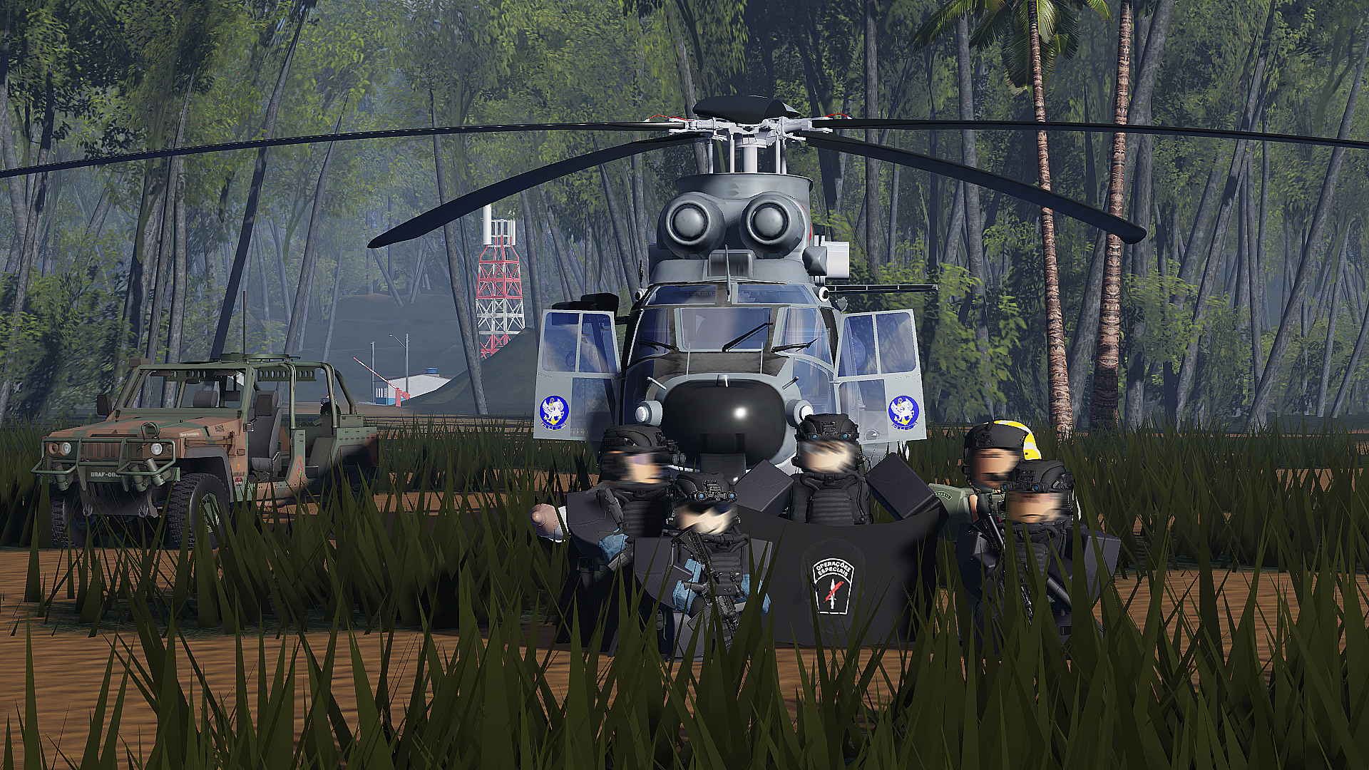 Equipe com aeronave em selva